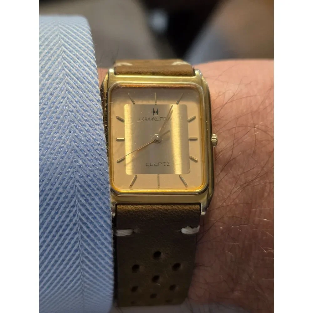 Vintage Hamilton Quartz Tank Watch 8282 Gold Tone Rectangular Dress Watch